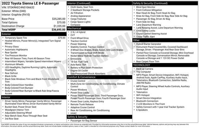 2022 Toyota Sienna LE 8 Passenger